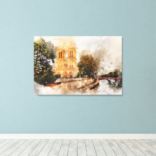 Impressão Em Tela Aquarela Artística da Catedral de Notre-Dame Paris
