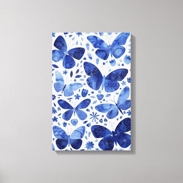 Impressão em Tela Aquarela Borboletas Azul Índigo (Frente)