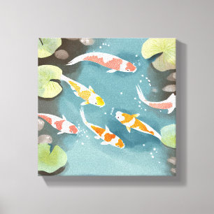 Impressão Em Tela Aquarela de Lagoa de Koi   Pintura de Peixes Bonit