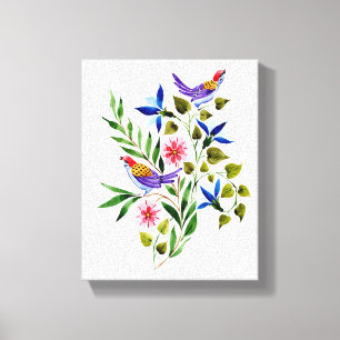 Impressão Em Tela Aquarela de Pássaros e Flores Coloridos e Vibrante