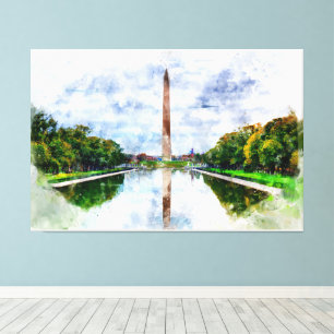 Impressão Em Tela Aquarela do Monumento de Washington com reflexo