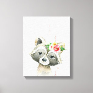 Impressão Em Tela Aquarela Floral Bebê Mapache Animais da Floresta
