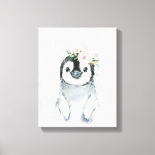 Impressão Em Tela Aquarela Floral Bebê Pinguim Animais Nevados