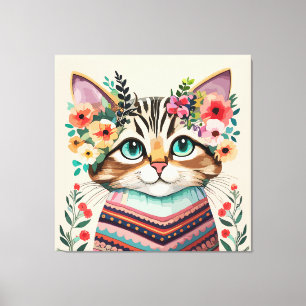 Impressão Em Tela Aquarela Floral de Gatinho Fofo