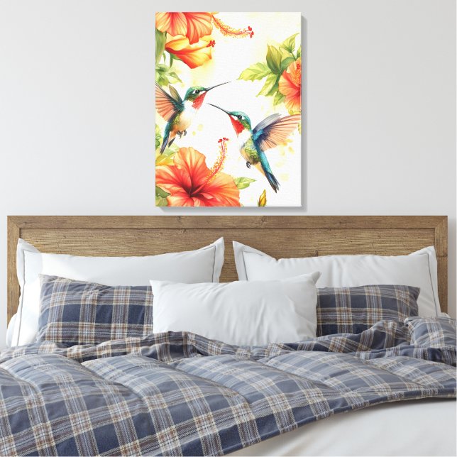 Impressão Em Tela Aquarela Hummingbird e Flores Design (Insitu(Quarto))