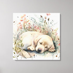 Impressão Em Tela Aquarela Labrador Retriever Dourado e Flores