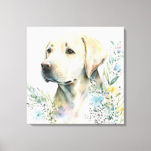 Impressão Em Tela Aquarela Labrador Retriever Dourado e Flores