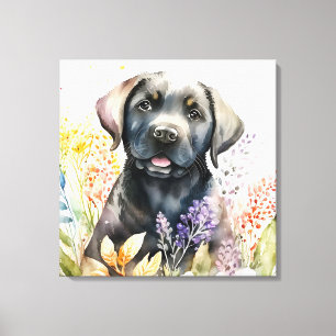 Impressão Em Tela Aquarela Labrador Retriever Preto e Flores