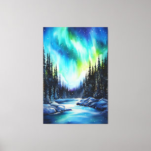 Impressão Em Tela Aquarela Luzes do Norte aurora boreal