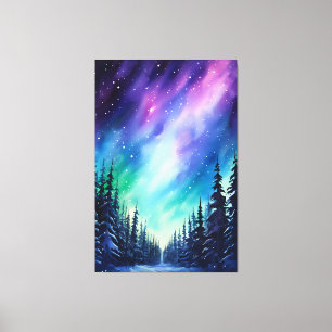 Impressão Em Tela Aquarela Luzes do Norte aurora boreal