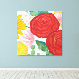 Impressão Em Tela Aquarela Natureza Rosa vermelha Amarelo Margarida