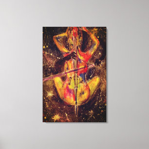 Impressão Em Tela Aquarela - Sonata Cello Space - Dama com Cello