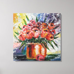 Impressão Em Tela Aquarela - Tulipas Em Um Pote
