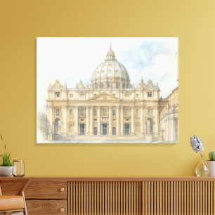Impressão Em Tela Aquarela Vaticano   Basílica de São Pedro Itália