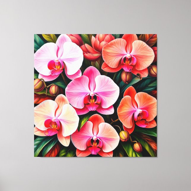 Impressão Em Tela Arranjo de Flores de Orquídea Rosa e Laranja Elega (Frente)