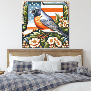 Impressão Em Tela Art Deco Connecticut American Robin and Flower