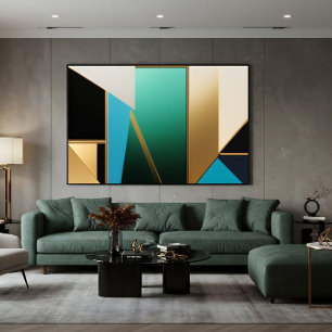 Impressão Em Tela Art Déco Geométrico Abstrato em Verde Água e Doura