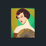 Impressão Em Tela Art Deco Modern Lady with a Fan<br><div class="desc">Canvas em uma moderna e semicomanal,  Art Deco inspirou o retrato de uma moça humorística,  segurando um fã,  contra um pano de fundo verde-jade e dourado</div>