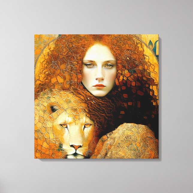 Impressão Em Tela Art Nouveau Woman With Leon Inspired By Klimt (Frente)