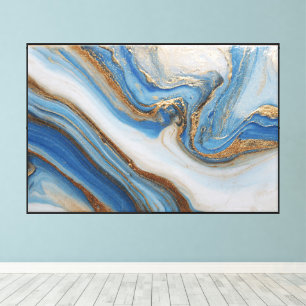 Impressão Em Tela Arte Abstrata de Fluxo Mineral Azul e Dourado Gira