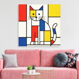Impressão Em Tela Arte Abstrata de Gato Geométrico Estilo Mondrian P
