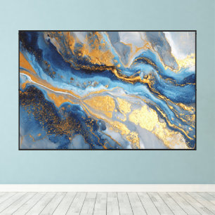 Impressão Em Tela Arte Abstrata de Mármore Fluido Azul e Dourado
