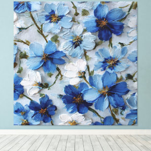 Impressão Em Tela Arte abstrata de parede em óleo floral azul e bran