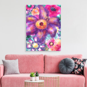 Impressão Em Tela Arte Abstrata Floral Caprichosa Teal Roxo Rosa