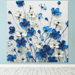 Impressão Em Tela Arte abstrata floral em impasto azul e branco para