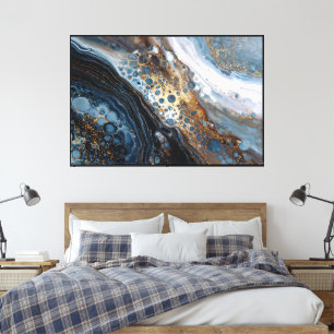 Impressão Em Tela Arte Abstrata Fluida Azul e Dourada
