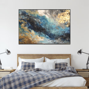 Impressão Em Tela Arte abstrata fluida azul e dourada