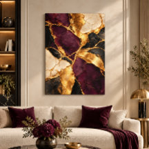 Arte Abstrata Kintsugi Luxo Ameixa Preto Dourado