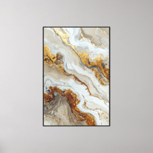 Impressão Em Tela Arte Abstrata Mármore Fluido Bege, Branco e Dourad