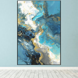 Impressão Em Tela Arte Abstrata Pedra Fluida Turquesa e Dourado