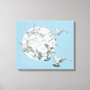 Impressão Em Tela Arte Antiga Arte Nova Rebanho de Pássaros com Lua 