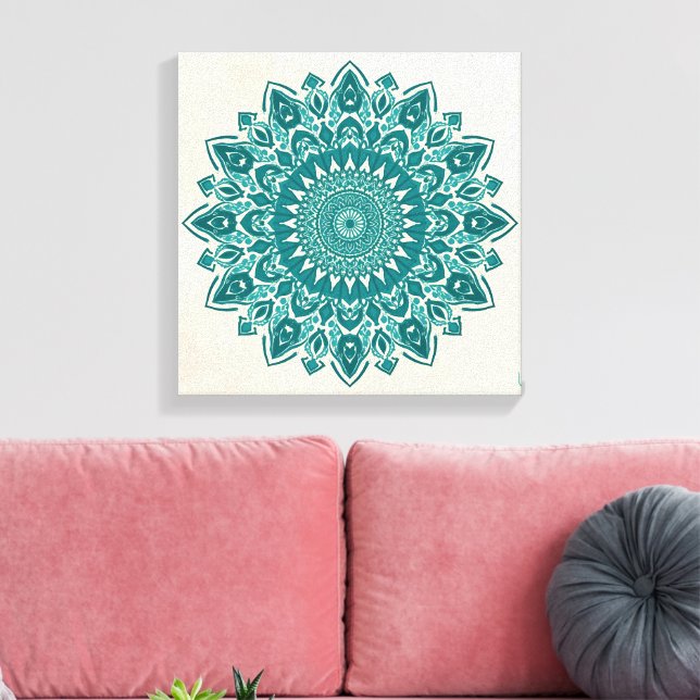 Impressão Em Tela Arte Árabe Mandala - Teal & Turquoise Geométrica (Insitu(Sala de estar))
