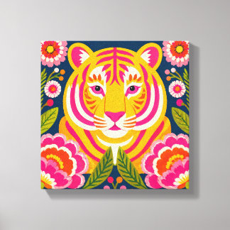 Impressão Em Tela Arte Colorida de Tigre em Tela Floral Animal