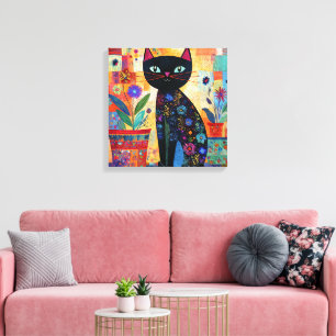 Impressão Em Tela Arte Colorida e Caprichosa de Gato Preto,