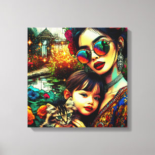 Impressão Em Tela Arte Colorido Mãe e Filha Jardim de Flores Asiátic
