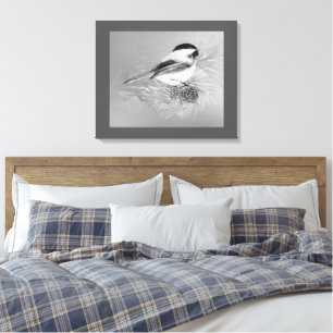 Impressão Em Tela Arte da Natureza com Pássaro Chickadee em Aquarela