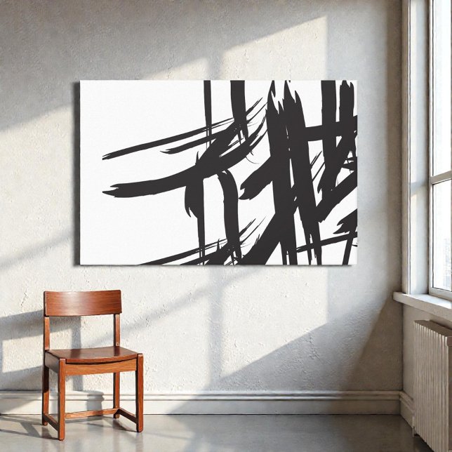 Impressão Em Tela Arte de abstrato branco e preto japonês (Japandi inspired brush stroke art)