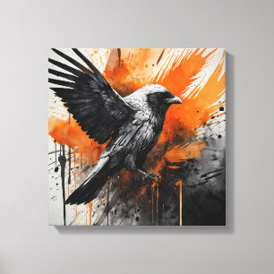 Impressão Em Tela Arte de Abstrato de Pássaro Laranja Negro