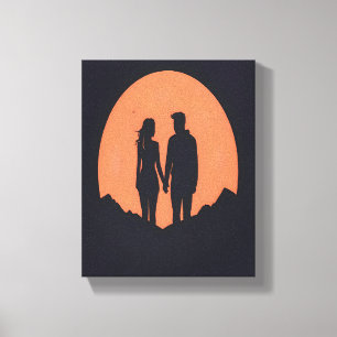 Impressão Em Tela Arte de Amor Minimalista do Casal Silhout Sunset