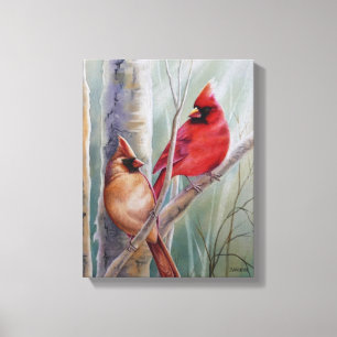 Impressão Em Tela Arte de Aquarela de Pássaros Cardinhos de Norte Ve