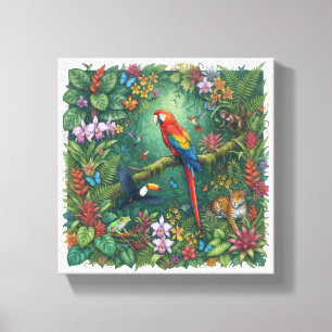 Impressão Em Tela Arte de Arara Tucano Jaguar Floresta Tropical