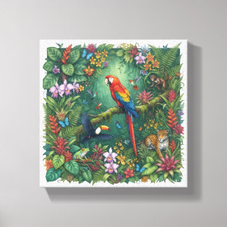 Impressão Em Tela Arte de Arara Tucano Jaguar Floresta Tropical