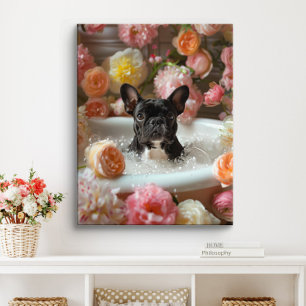 Impressão Em Tela Arte de Bulldog Francês   Frenchie na Banheira do 