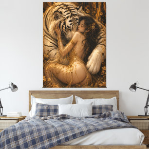 Impressão Em Tela Arte de Fantasia Tentação do Tigre Branco Dourado