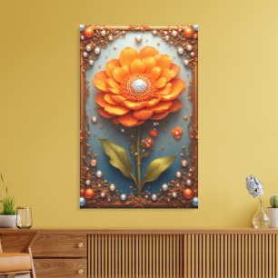 Impressão Em Tela Arte de Flor Laranja Ornamentada em Moldura Dourad