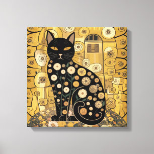 Impressão Em Tela Arte de Gato Preto Decorativo Dourado no Estilo Gu